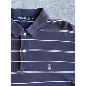 Vintage 90s Y2K Nautica Polo Shirt Mens Large Striped Short Sleeved Blue Preppy